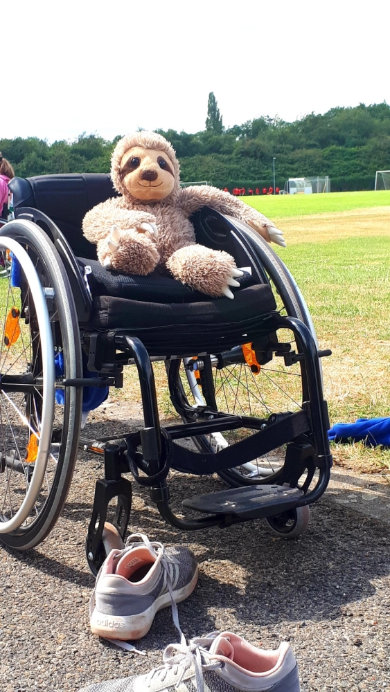 Teddybär auf einem Rollstuhl